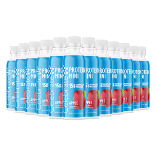 Plusieurs bouteilles de Celebrate Protéine Minis à la saveur pomme sur fond blanc