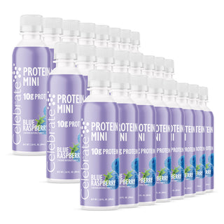 Plusieurs bouteilles de Celebrate Protéine Mini saveur Blue Raspberry sur fond blanc