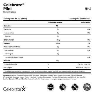 Étiquette nutritionnelle pour la boisson Celebrate Mini Protéine saveur pomme sur fond blanc