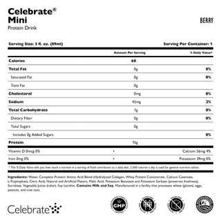 Étiquette nutritionnelle pour la boisson Celebrate Mini Protéine saveur Berry sur fond blanc